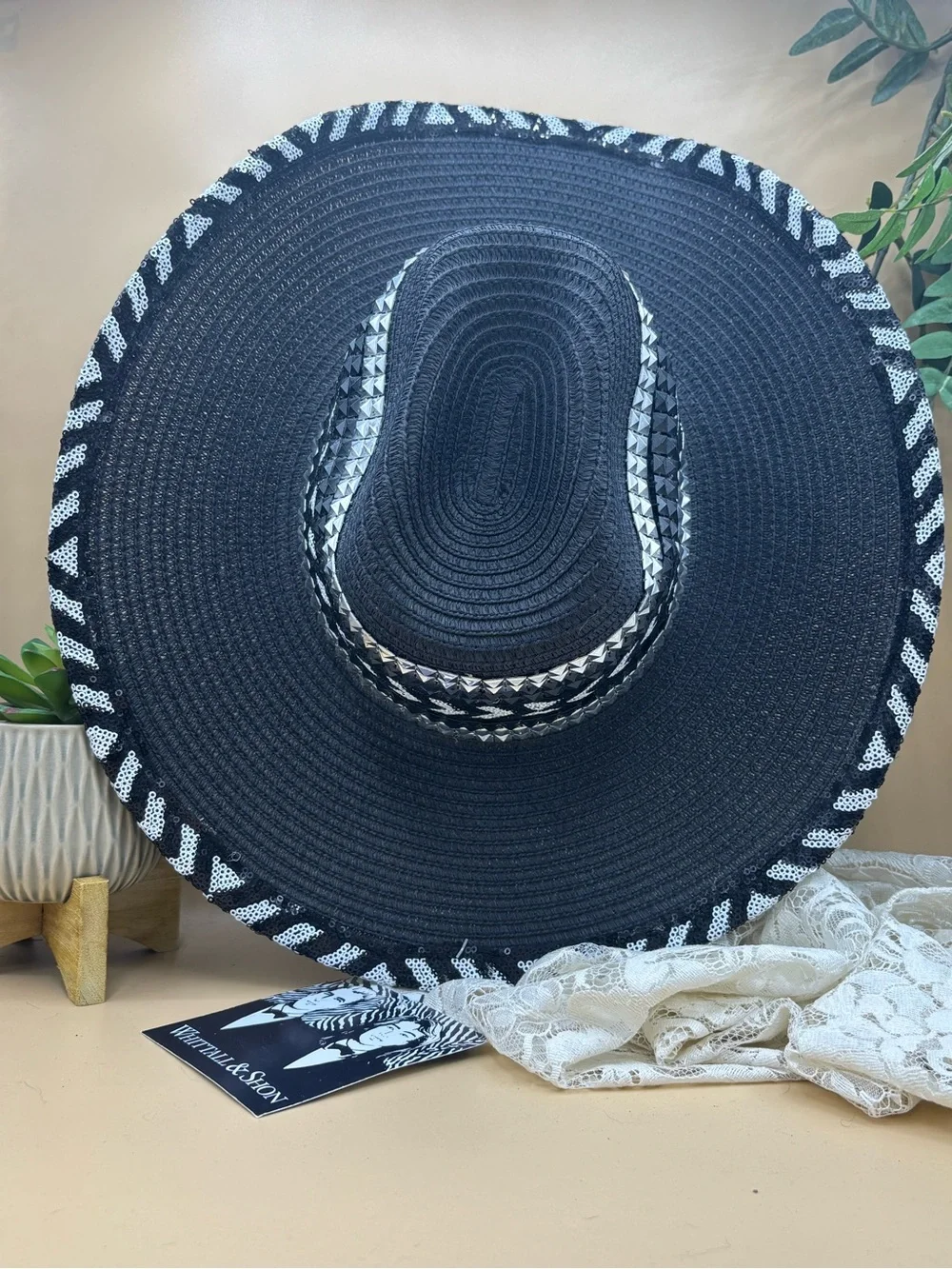 Whittall & Shon Black Silver Sequin Wide Brim Church Derby Statement Hat